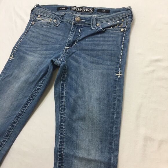 AFFLICTION Jenna Jeans Women 32x32 (30 tag) Gothic Studs Stretch Denim Crystal - Picture 5 of 16